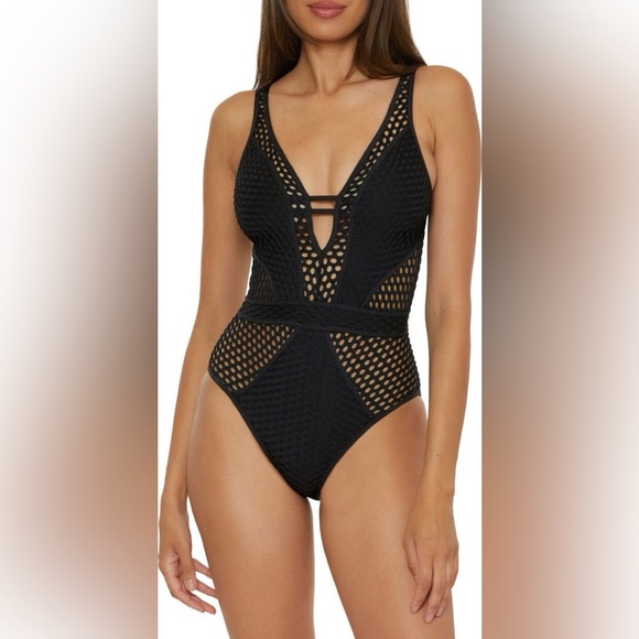 Becca Castaway Fishnet Plunge One-Piece Swimsuit - Picture 1 of 10